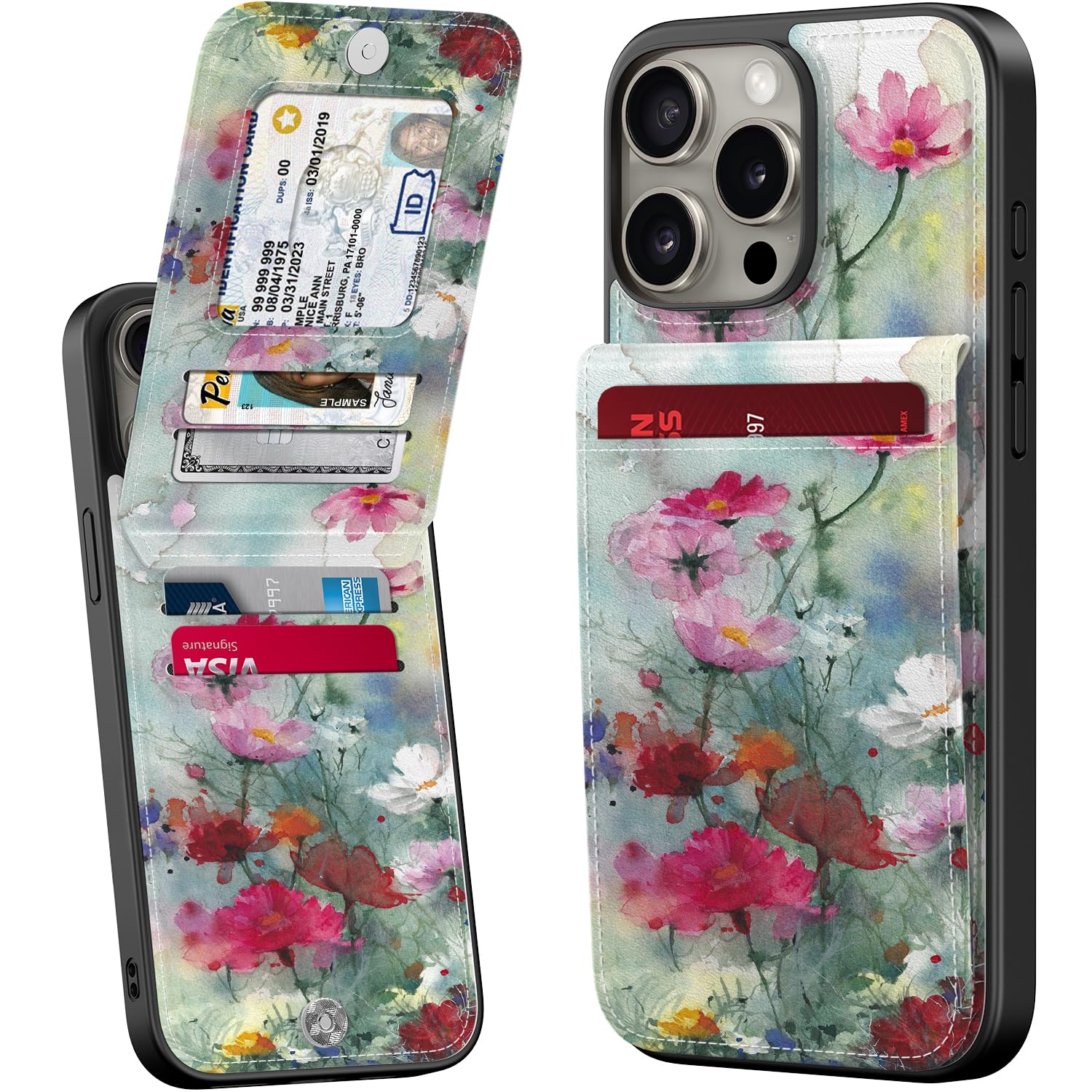 Bemal for iPhone 15 Pro Max Wallet Case, Built-in Card Holder, Fashion Printed, RFID Blocking, PU Leather Kickstand, Magnetic Closure, Shockproof Phone Cover for Women and Men, Designer Flowers