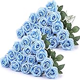 Hotop 40 Pcs Rose Artificial Flowers Bulk with Long Stem,Realistic Silk Fake Roses Bouquet for Home Wedding Centerpieces Party Table Decoration Valentines Gifts(Light Blue)