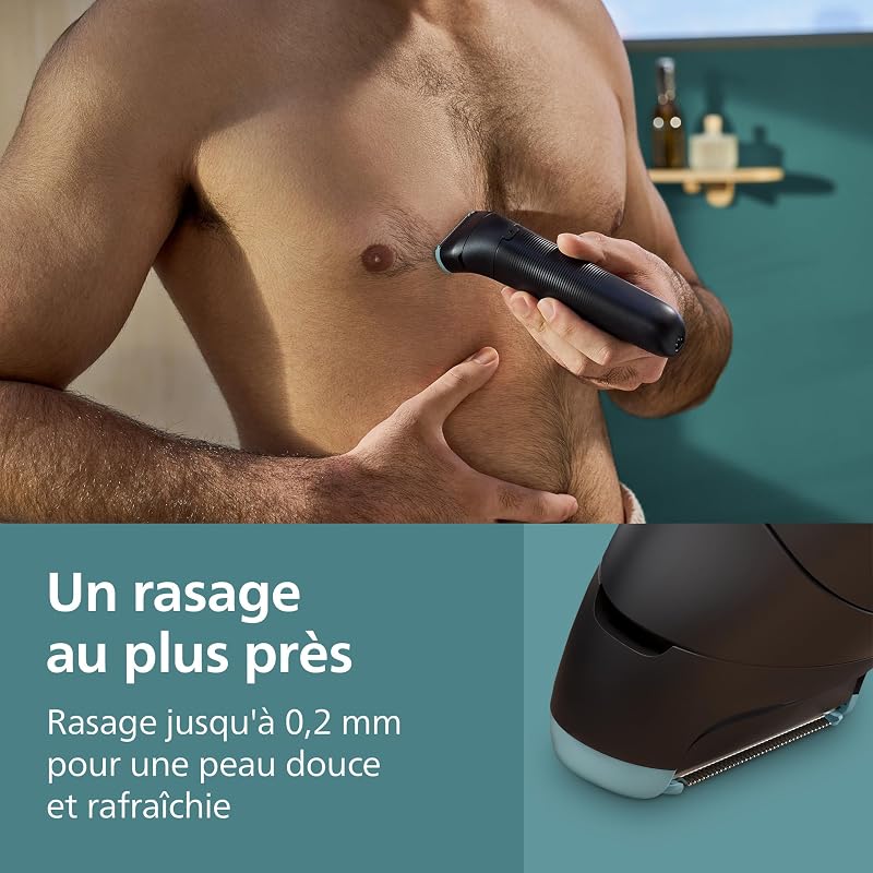 Bodygroom série 5000 - Tondeuse pour hommes avec Triple protection, taille des poils et rasage des zones intimes, accessoire pliant pour le dos, 100% étanche, autonomie de 100 min, BG5480/15