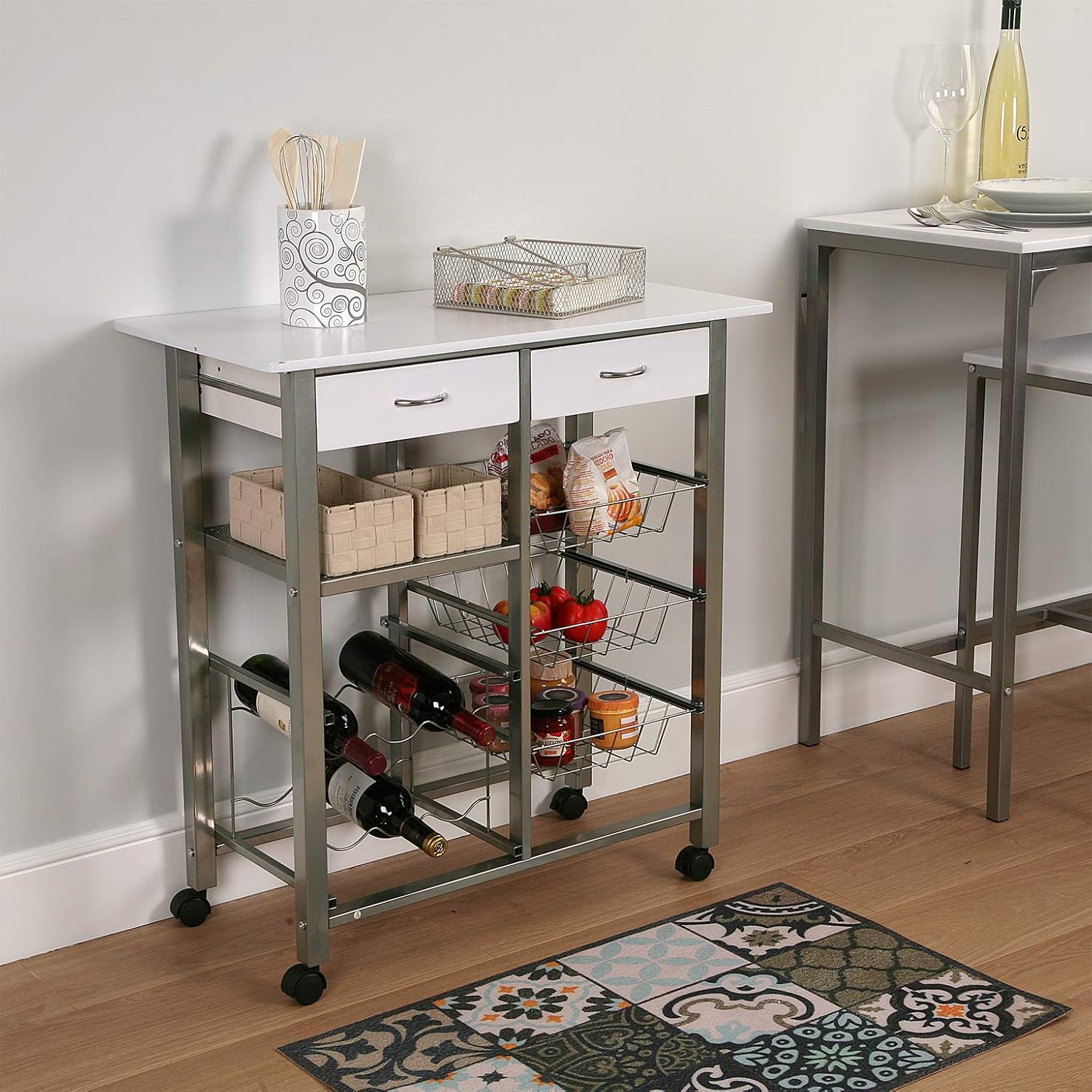 Versa Leicester Kitchen trolley with wheels, drawers and bottle rack, Greengrocer with pantry and organizers, Kitchen storage - Image 3