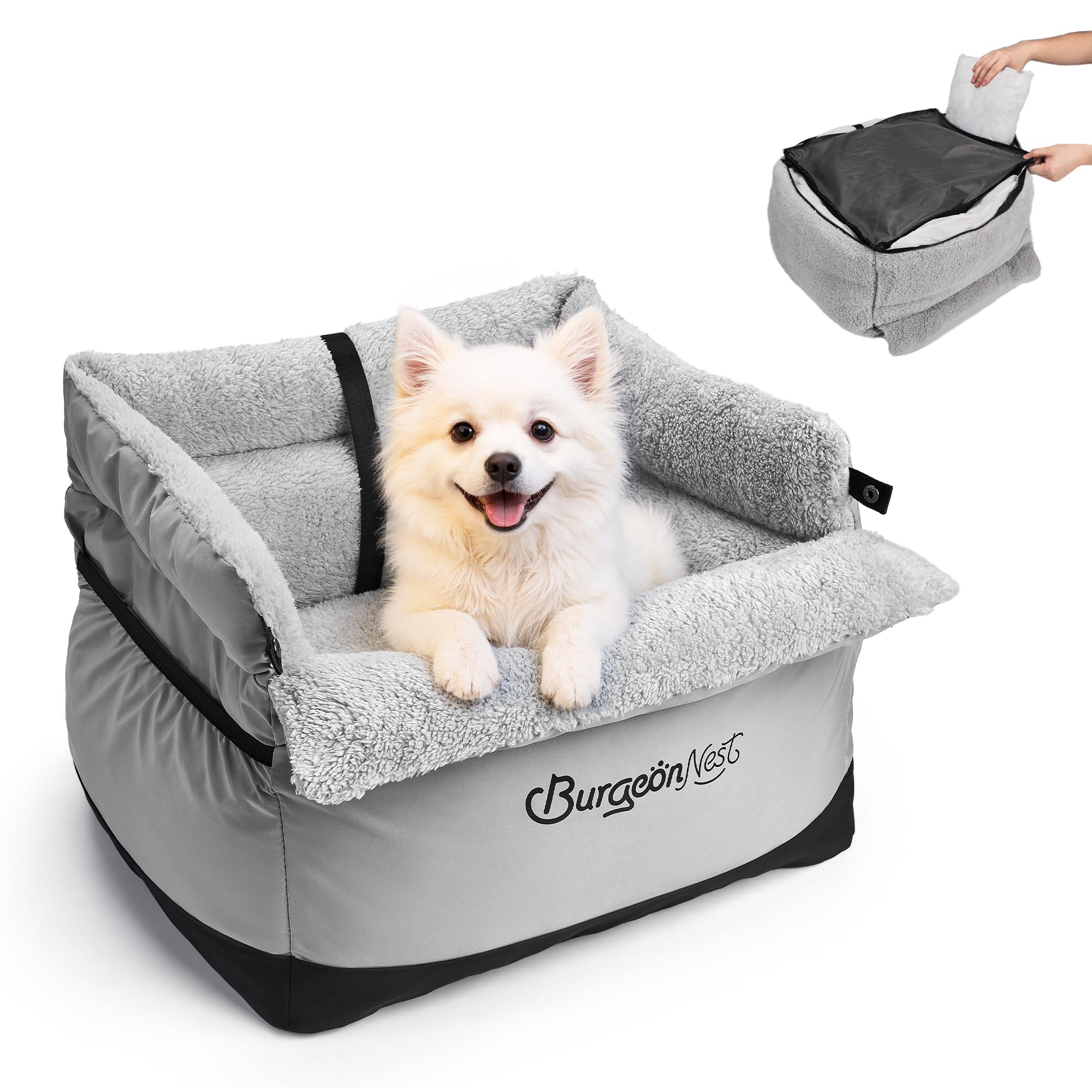 Photo 1 of BurgeonNest Dog Car Seat for Small Dogs, Fully Detachable and Washable Cat Carseats Under 25 lbs, Soft Pet Booster Seats with Storage Pockets and Clip-On Leash Portable Car Travel Carrier Bed, Grey