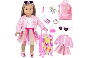BDDOLL American 18 Inch Doll Clothes and Accessories with Travel Suitcase and Makeup fit 18 Inch Doll Includes Suitcase, Backpack, Sunglasses Lipstick, Eyeshadow Palette, Bracelet, Hair, Blusher
