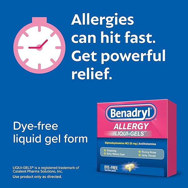 BENADRYL LIQUI-GELS ALLERGY MEDICINE, DYE-FREE LIQUID GEL CAPSULES WITH 25 MG OF DIPHENHYDRAMINE HCL ANTIHISTAMINE FOR RELIEF OF ALLERGY & COLD SYMPTOMS LIKE RUNNY NOSE & SNEEZING, 24 CT