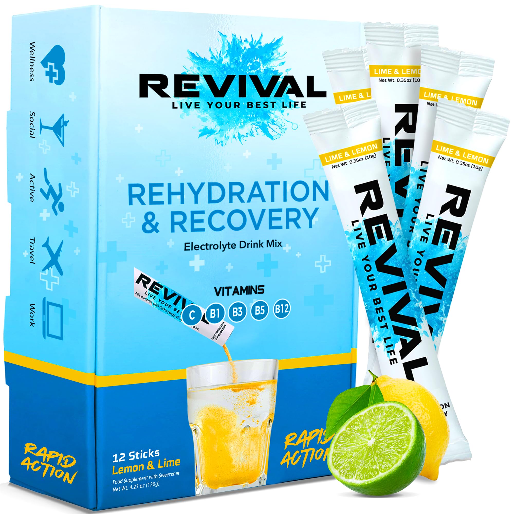 Revival Rapid Rehydration Sachets Electrolytes Powder High Strength Vitamin C, B1, B3, B5, B12 Supplement Sachet Energy Drink, Effervescent Electrolyte Hydration Tablets 12 Pack Lemon Lime Flavours