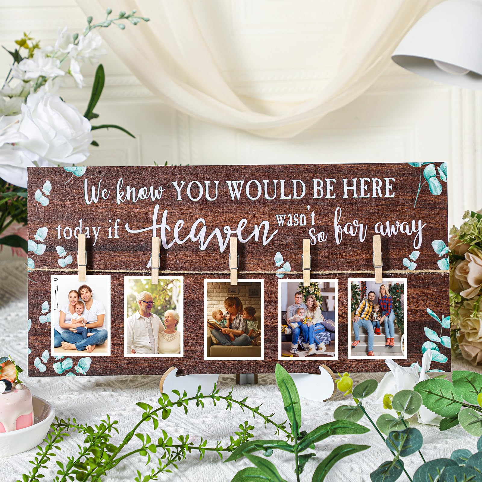 Photo 1 of RattanView Wood Memory Table Sign 16 x 8 Inch in Loving Memory Wedding Sign with 5 Clips Wedding Decor for Ceremony and Reception Wooden Memorial Picture Board to Honor Souls(Eucalyptus 1)