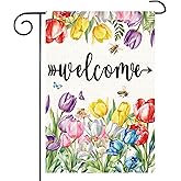 Spring Summer Floral Welcome Garden Flag Tulip Welcome House Flag Double Sided Bee butterfly Farmhouse Yard Outdoor Flag Seasonal Yard Outdoor Flag Outdoor Decoration 12 x 18 Inch