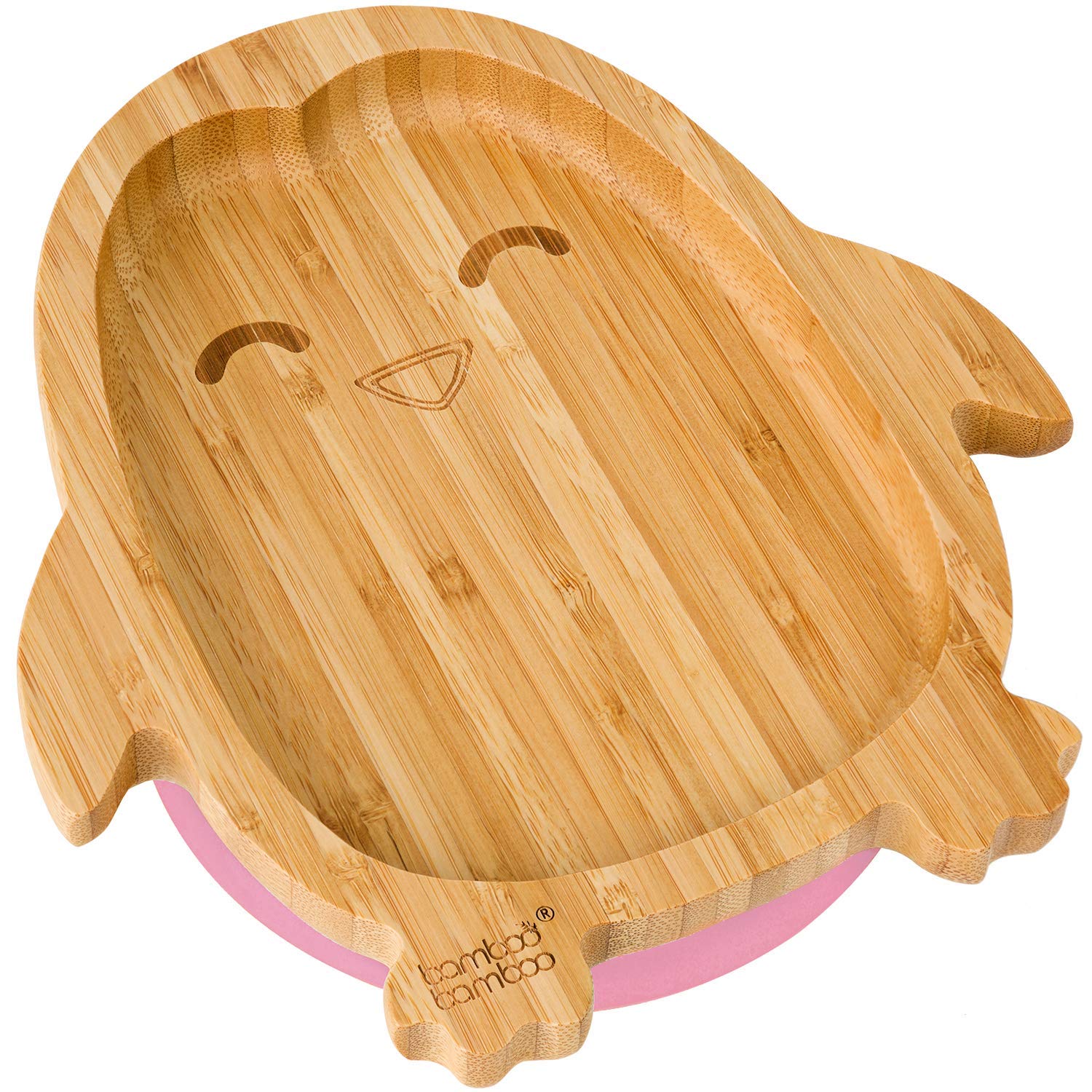 bamboo bamboo Baby and Toddler Plate for Feeding and Weaning, Bamboo Penguin Plate with Secure Suction, Suction Plates for Babies from 6 Months (Penguin, Pink)