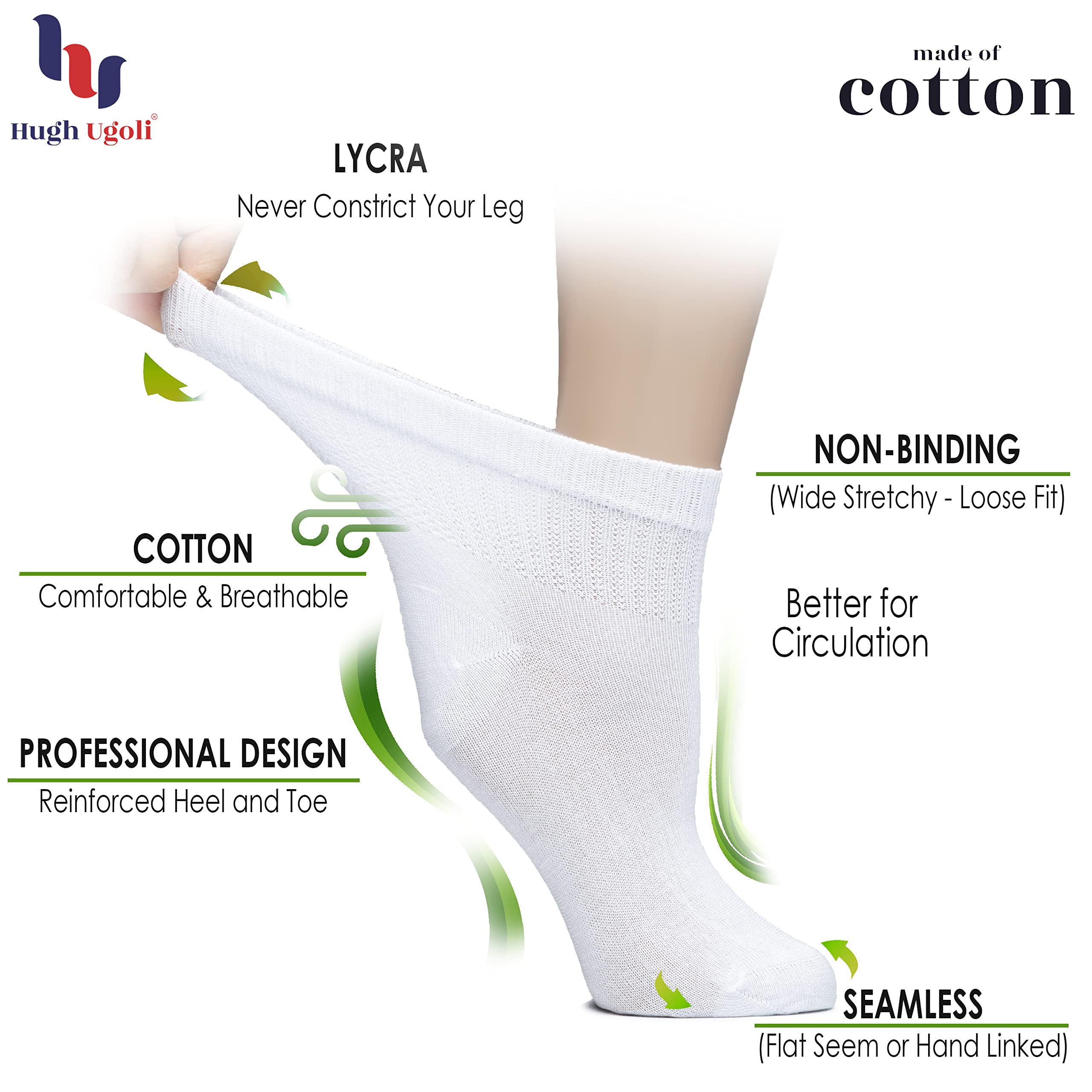 Hugh Ugoli Women's Cotton Diabetic Ankle Socks, Wide, Thin, Loose Fit and Stretchy, Seamless Toe, Non Binding Top, 4-8 Pairs