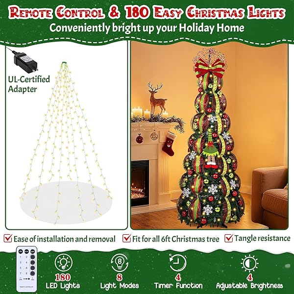 MARTINE MALL 6FT WHIMSICAL POP UP CHRISTMAS TREE WITH 8 MODE 180 WARM LIGHTS, COLLAPSIBLE FOLDABLE CHRISTMAS TREE PULL UP FULLY DECORATED XMAS TREES WITH 117PCS CHRISTMAS ORNAMENTS FOR INDOOR OUTDOOR