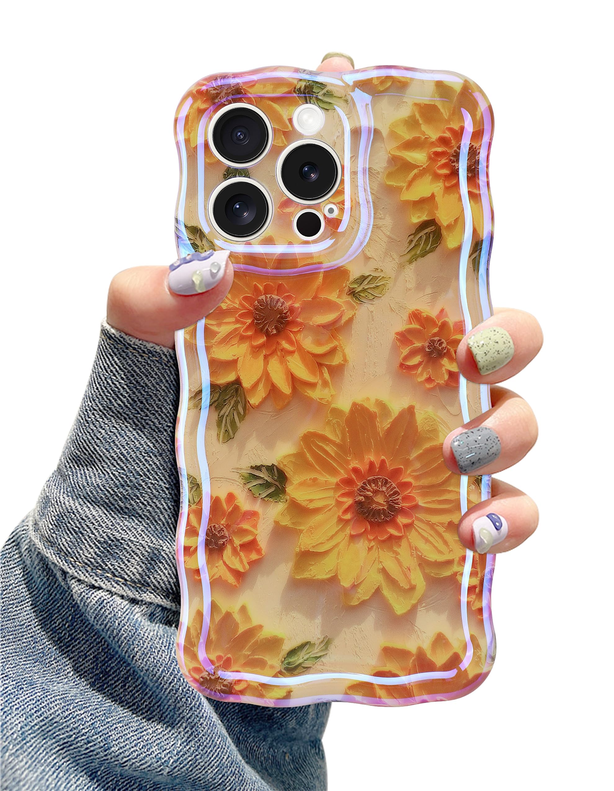 Photo 1 of Jusy Compatible with iPhone 11 Pro Max, Colorful Retro Oil Painting Printed Flower Laser Glossy Pattern Cute Curly Wave Phone Case Soft TPU Cover for Girly Women - Sunflower