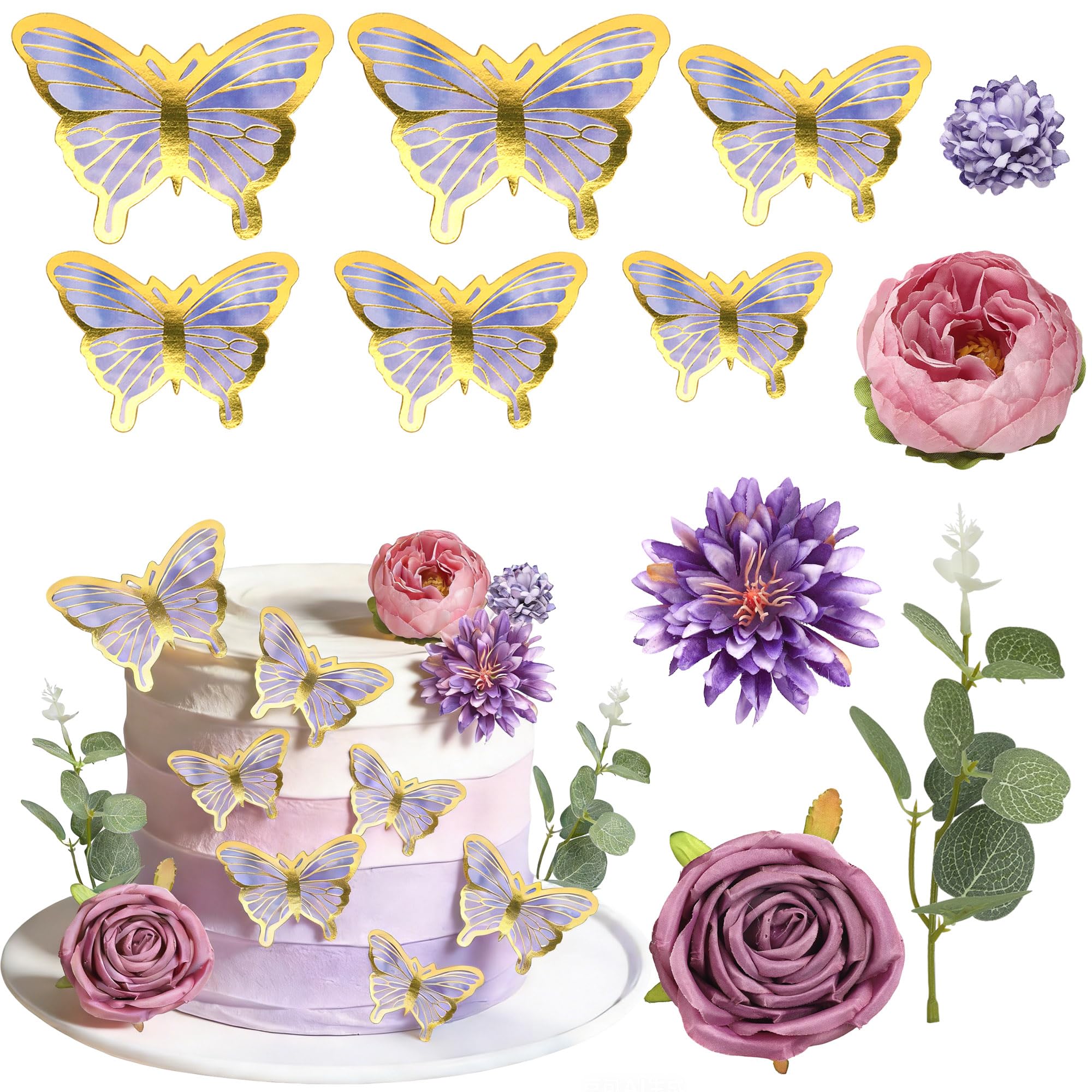 SYKYCTCY 21 Pack Flower Cake Decorations Set Purple Leaves Bohemian Butterfly Cake Decorations Purple Flower Cake Topper for DIY Birthday Party Wedding Anniversary Birthday Boho Themed Party Supplies
