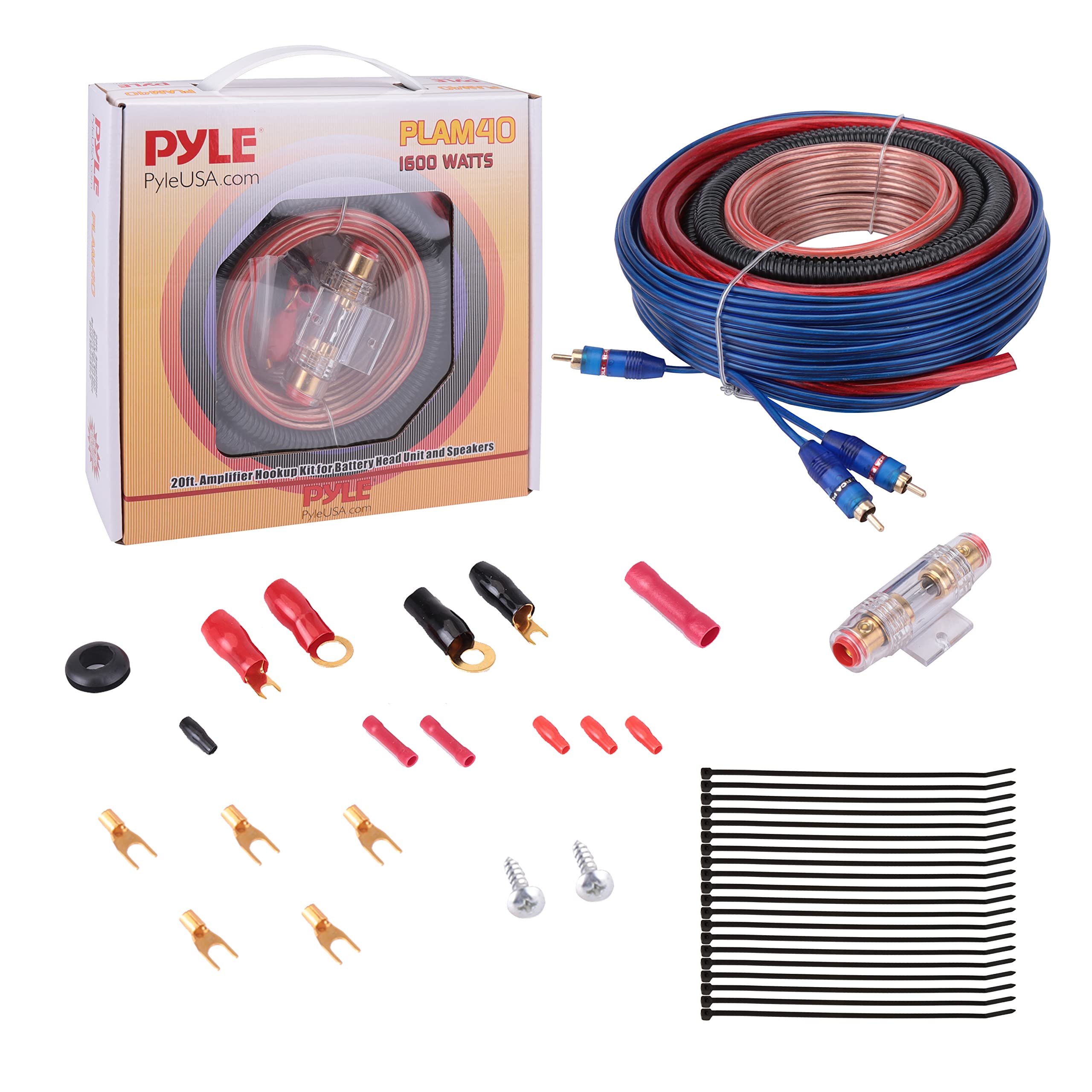 Pyle PLAM40 20ft 4 Gauge 1600W Amplifier Hookup for Battery Head Unit and Speakers Installation Kit