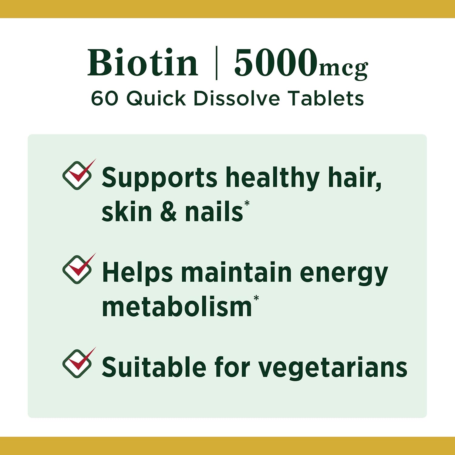 Biotin by Nature's Bounty, Vitamin Supplement, Supports Metabolism for Energy and Healthy Hair, Skin, and Nails, 5000 mcg, 60 Quick Dissolve Tablets: Health & Personal Care