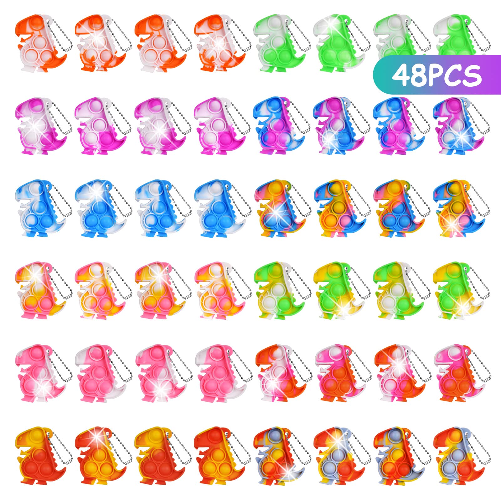 Ainiv 48 PCS Mini Fidget Pop Bubble Toys with Keyring, Cute Dinosaur Squeeze Toys for Stress Relief, Anxiety, ADHD & Autism, Office & School Kids & Adults