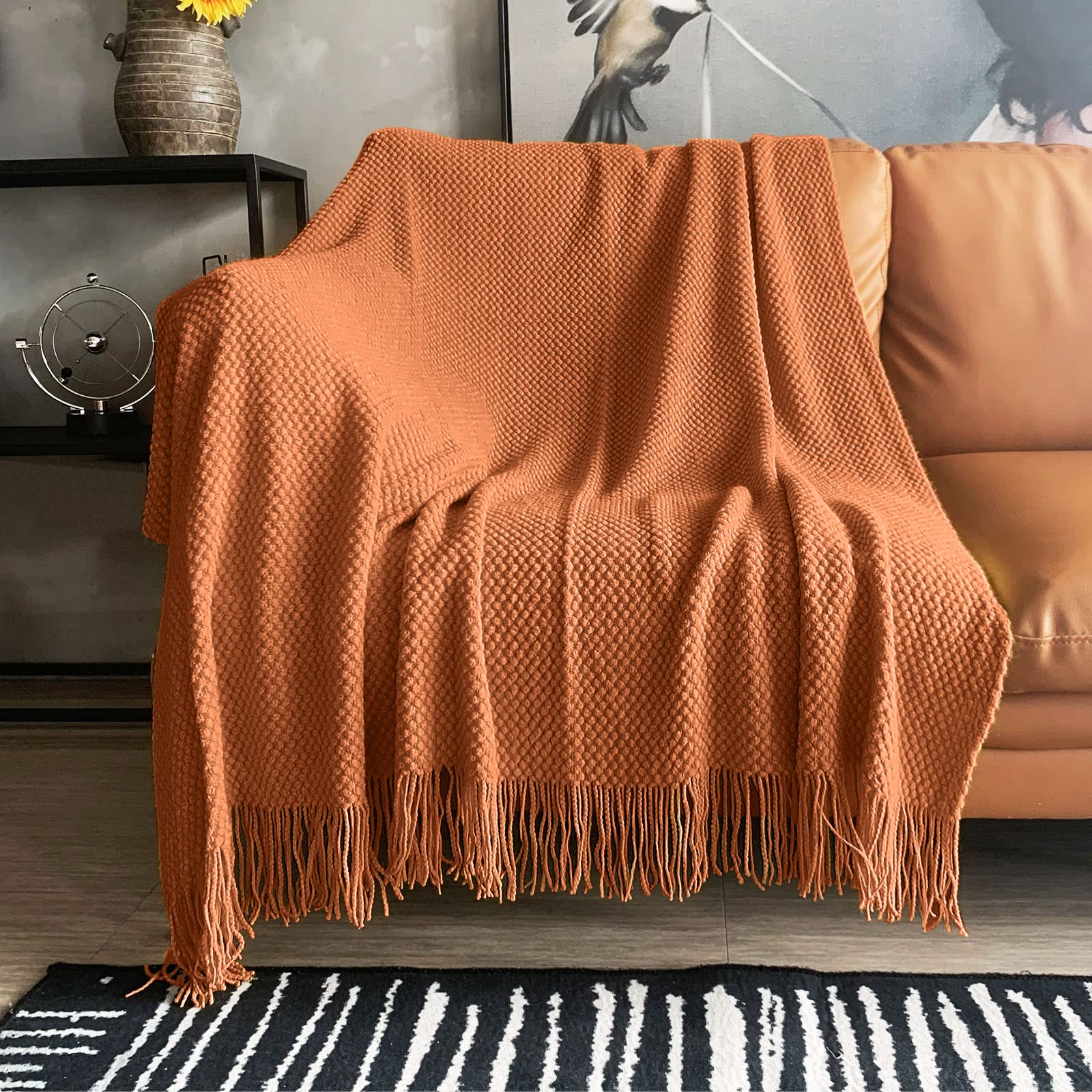 Photo 1 of LOMAO Knitted Throw Blanket with Tassels Bubble Textured Lightweight Throws for Couch Cover Home Decor (Orange, 50x60)