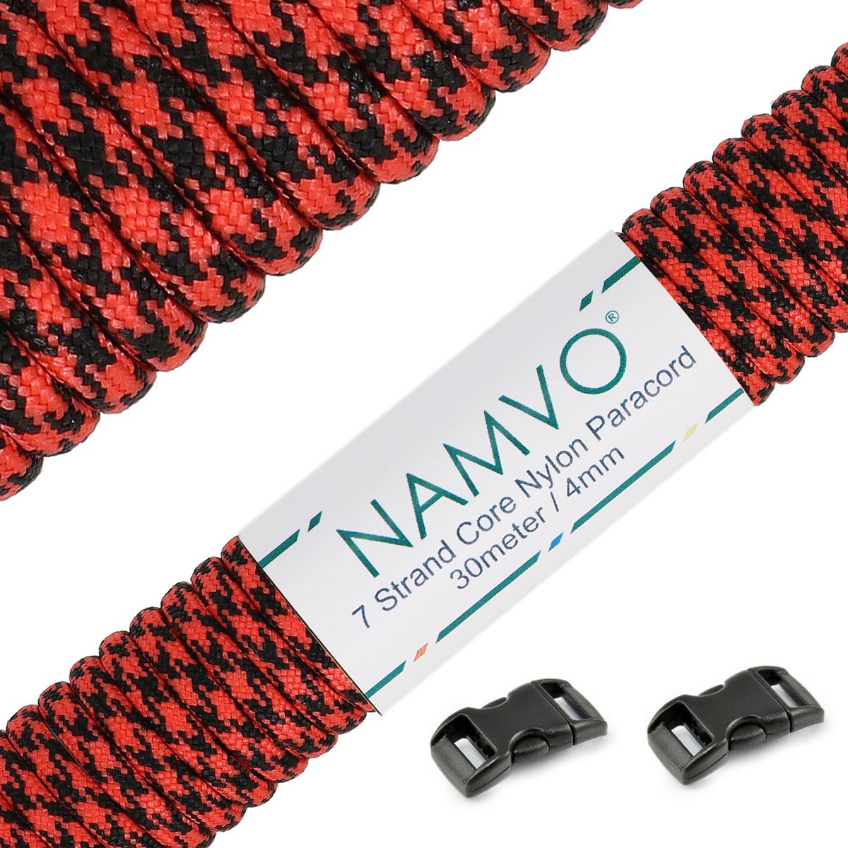 Namvo 550 Paracord Mil Spec Type III 7 strand parachute cord Total Length 100ft / 30 Meters, Red and black camouflage