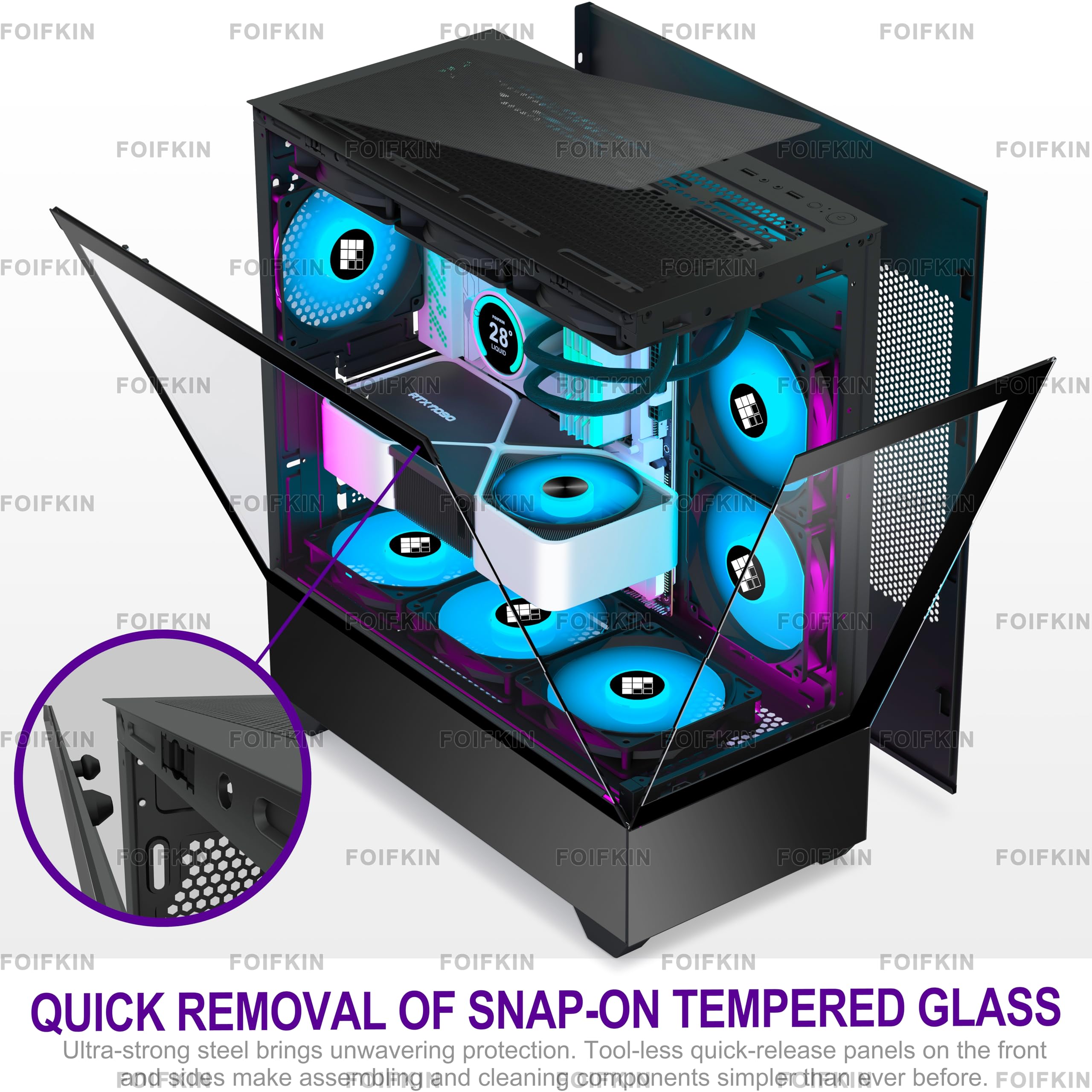 FOIFKIN F1 PC Gehäuse ATX- Pre-Install 6 PWM ARGB Lüfter, Mid-Tower Computer Gehäuse, Gaming PC- Gehäuse,270° Panorama Tempered Glass,mit Type-C, ATX Gehäuse (Schwarz, F1) 2