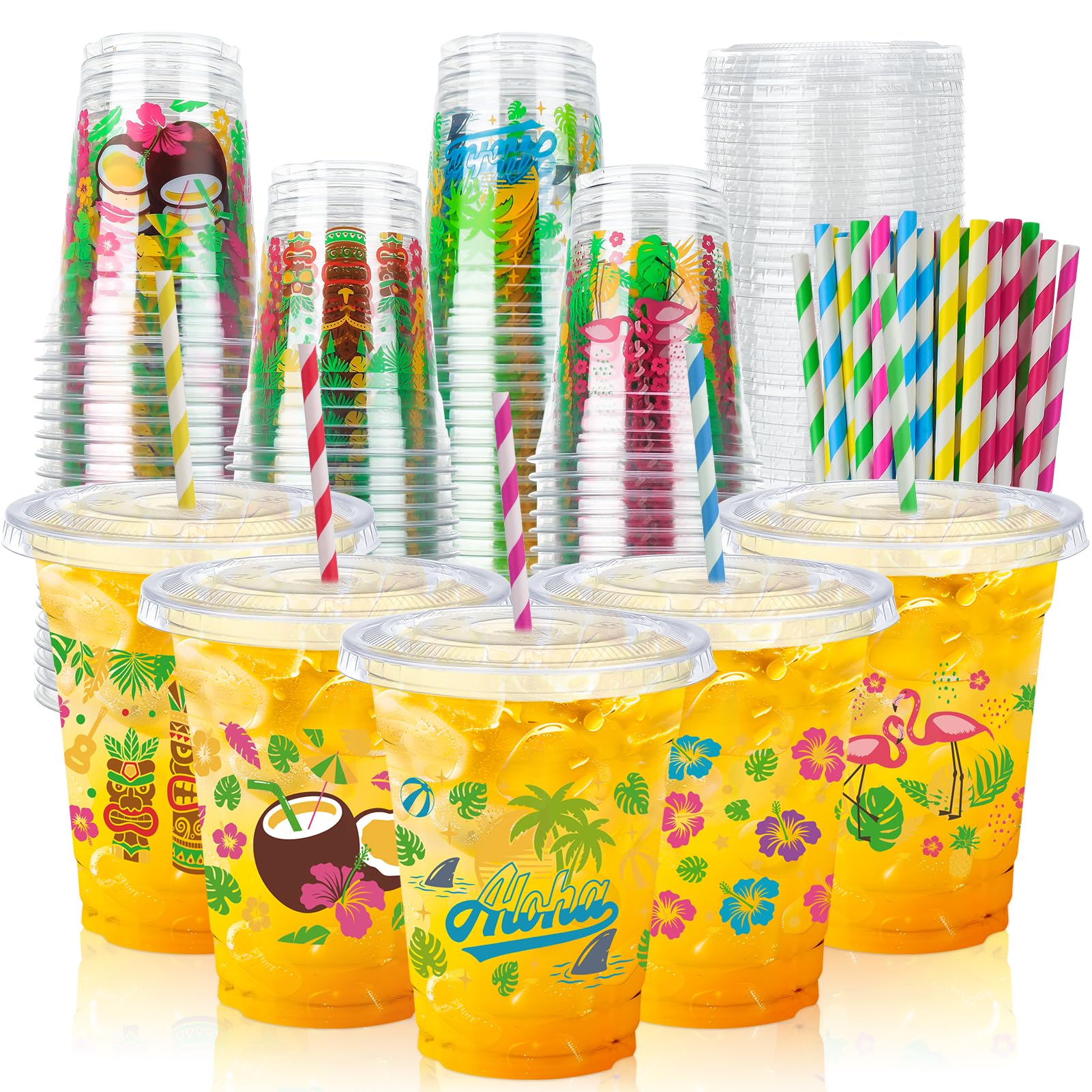 Photo 1 of 100 Pcs Summer Hawaiian Plastic Cups with Straws Lids 12 oz Disposable Tropical Luau Cups Aloha Flamingo Drinking Cups for Tiki Beach Pool Party Favors