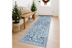 SILOLOOM Vintage 2x6 Runner Rug, Blue and White Washable Runners for hallways, Super Soft Kitchen Runner Rug Non Slip, Print Faux Wool Floral Thin Carpet Runner for Entryway Indoor Bedside Runner