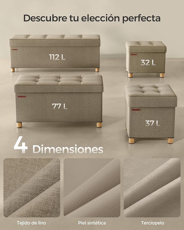 Puff Almacenaje, Baúl Plegable con Patas, 38 x 110 x 40 cm, Banco de Pie de Cama, Banco Almacenaje, Soporta hasta 300 kg, para Sala de Estar, Dormitorio, Entrada, Marrón Camello LSF018K11
