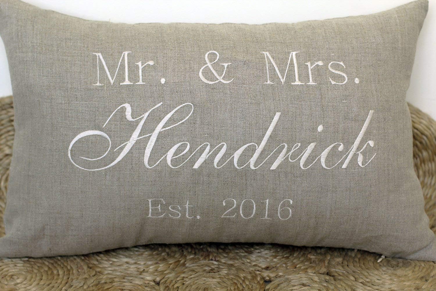 DecorHouzz Mr and Mrs Personalized Name and Date Pillow Cover Embroidered Wedding Couple Anniversary Customized Pillow Cases Throw Pillow Slip Covers Decorative Pillow