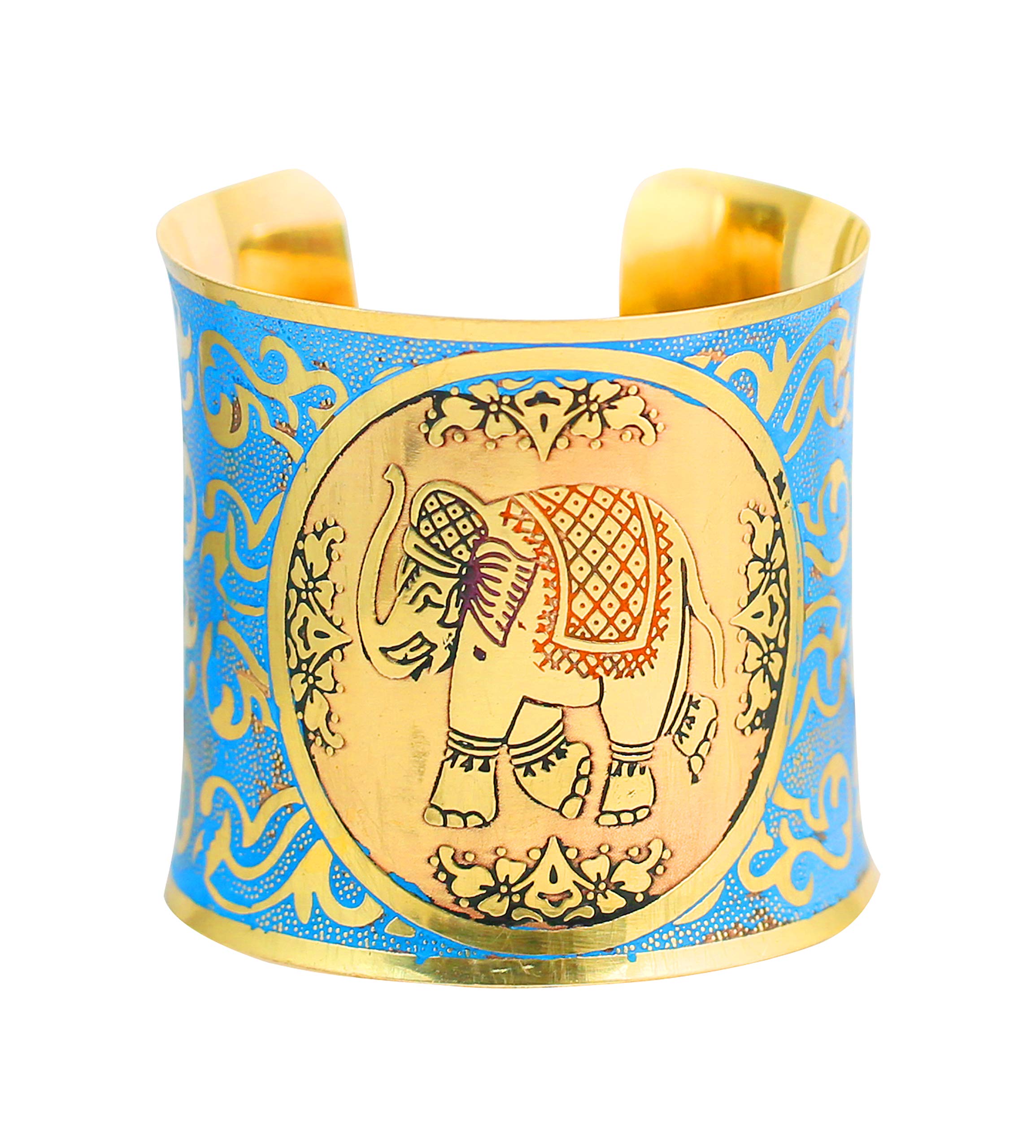 Touchstone Indian Bollywood Desire Brass Base Beautifully Rich Indian Ethnic Elephant Motif Fabulous Meenakari Enamel Thick Wrist Enhancer Designer Jewelry Cuff Bracelet in Gold Tone for Women.