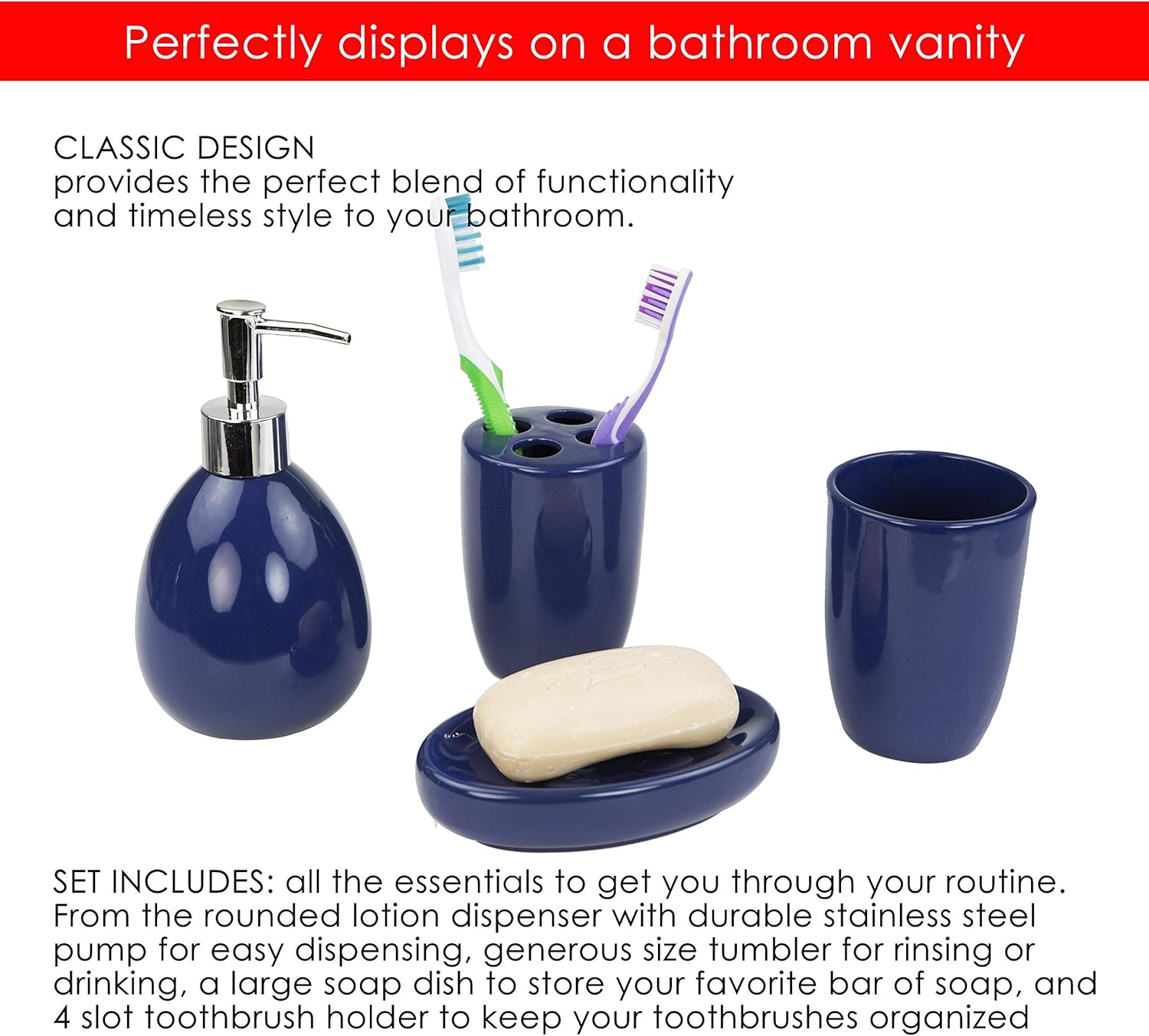 Home Basics 4-Piece Bathroom Accessory Set, Includes Soap/Lotion Dispenser, Toothbrush and Toothpaste Holder, Soap Dish, and Tumbler, Navy: Kitchen & Dining