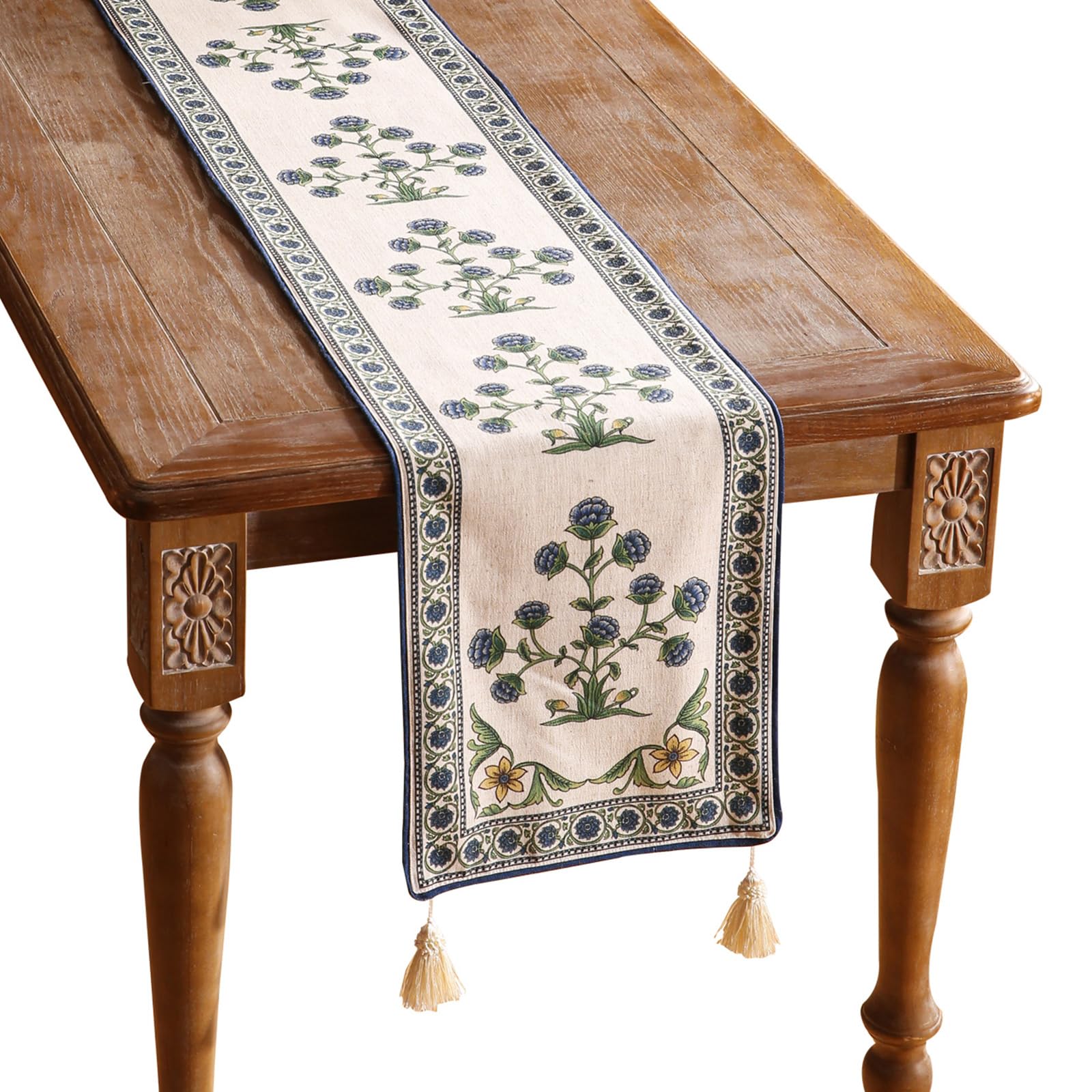 Photo 1 of patdrea Designer Blue Rustic Elegant Floral Patterned Extra Long,Wrinkle Resistant Linen Table Runner 118 Inch Long,Decoration for Kitchen Dining and Coffee Tables Banquet Christmas , 12"x118"