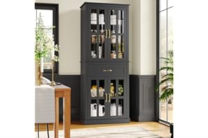 FOTOSOK 71'' Kitchen Pantry Cabinet, Tall Kitchen Cabinet Pantry Cabinet with Glass Doors and Drawer, Freestanding Food Pantry Kitchen Hunch with Adjustable Shelves for Dining Living Room, Black