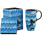 Coffee Ceramic Mug Porcelain Latte Tea Cup With Lid in Present Box 17oz,Novelty Coffee Mugs for Men Women Office & Home Mermaid