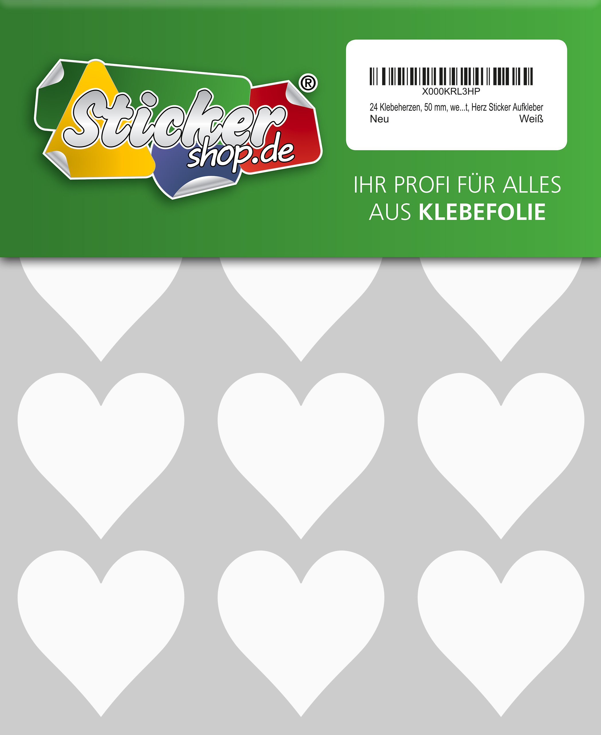 24 adhesive hearts, 50 mm, white, made of PVC film, weatherproof, heart sticker