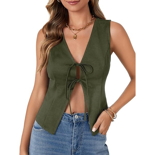 Milumia Women's Lace Trim Open Tie Front Tops Y2k Sleeveless Deep