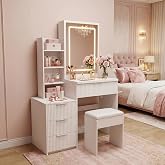 OVENTA 31.5" Modern Vanity Desk with Mirror and Lights, White Makeup Vanity with Chair, Vanity Table with 4 Drawers and Multiple Open Storage Shelves, Lighted Mirror, Dressing Table for Bedroom