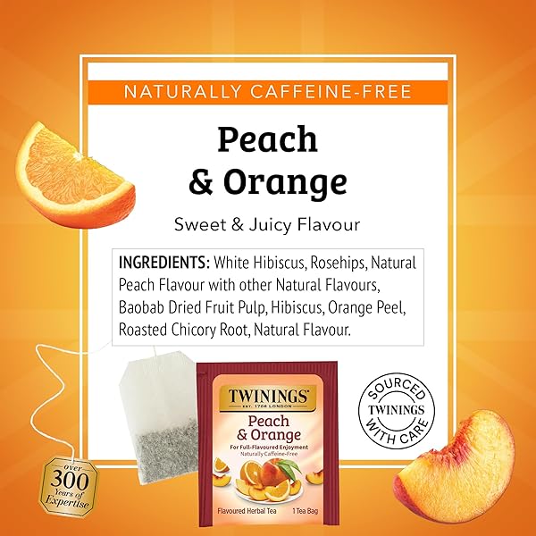 TWININGS PEACH & ORANGE HERBAL TEA INDIVIDUALLY WRAPPED BAGS, 20 COUNT (PACK OF 1), JUICY & FRUITY, NATURALLY CAFFEINE-FREE, ENJOY HOT OR ICED