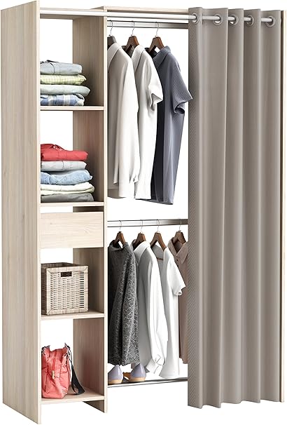kit armario interior o vestidor extensible para dormitorio o habitacion 1 cajon con cortina color acacia 180x120x50 cm