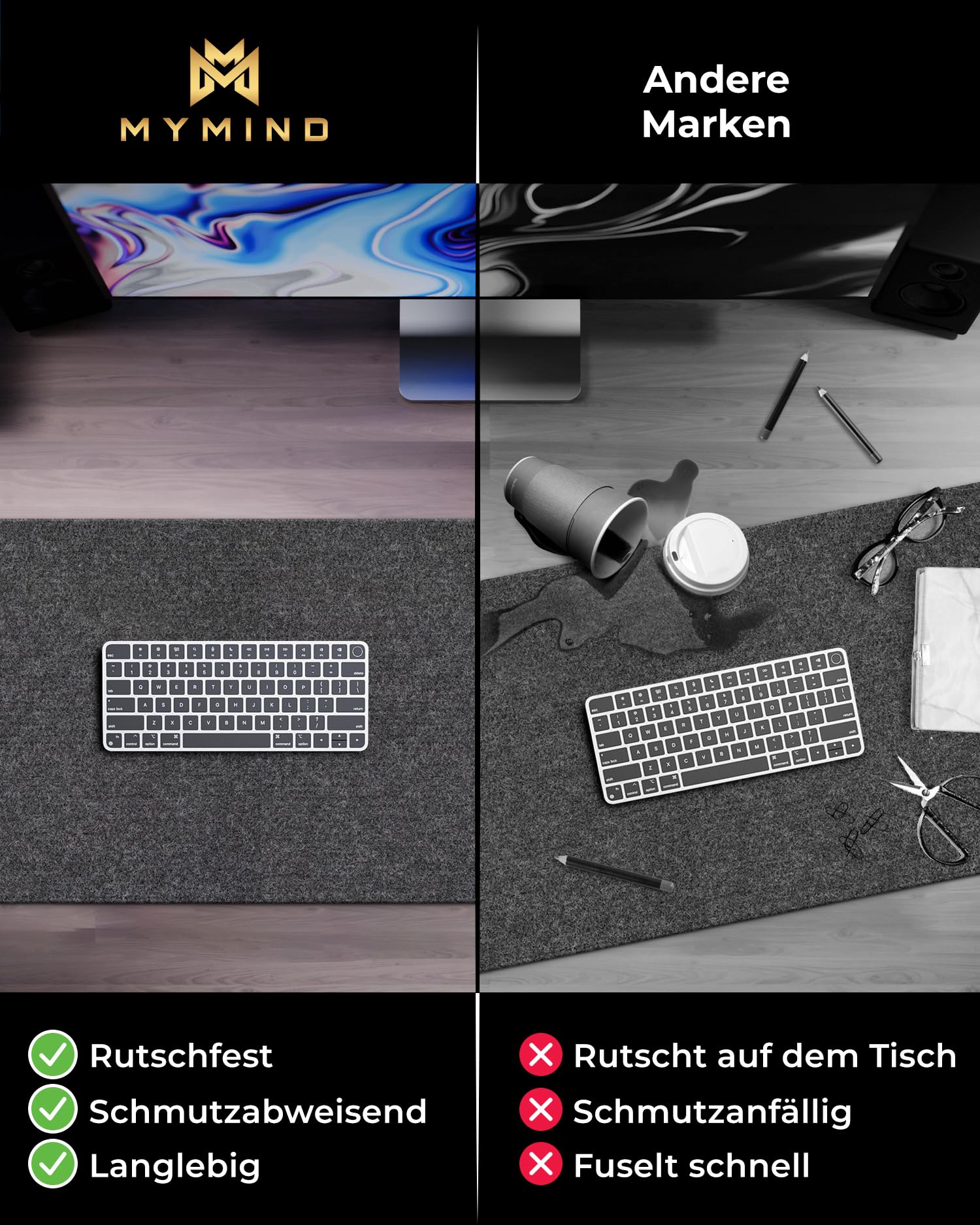 MYMIND® Schreibtischunterlage Filz [Rutschfest] 100x40cm - Premium antirutsch XXL Mauspad - Schreibunterlage für Homeoffice - Schreibtisch Unterlagenmatte - Desk Mat - Schreibtisch Unterlage Büro 5