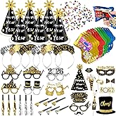 MOVINPE 2026 New Years Eve Party Supplies Set Serve 12, Happy New Year Party Cone Hats, Tiaras, Inflatable Fireworks Gun, Photo Booth Props, Squawkers, Blowouts, Eve Party Favors for Kids Adults