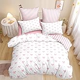 Sedefen Bow Comforter Set Full Size Pink Heart Cute Love Pattern Comforter Girls Kawaii Bowknot Striped Soft Lightweight Coquette Bedding Set 3 Pcs with 2 Pillowcases