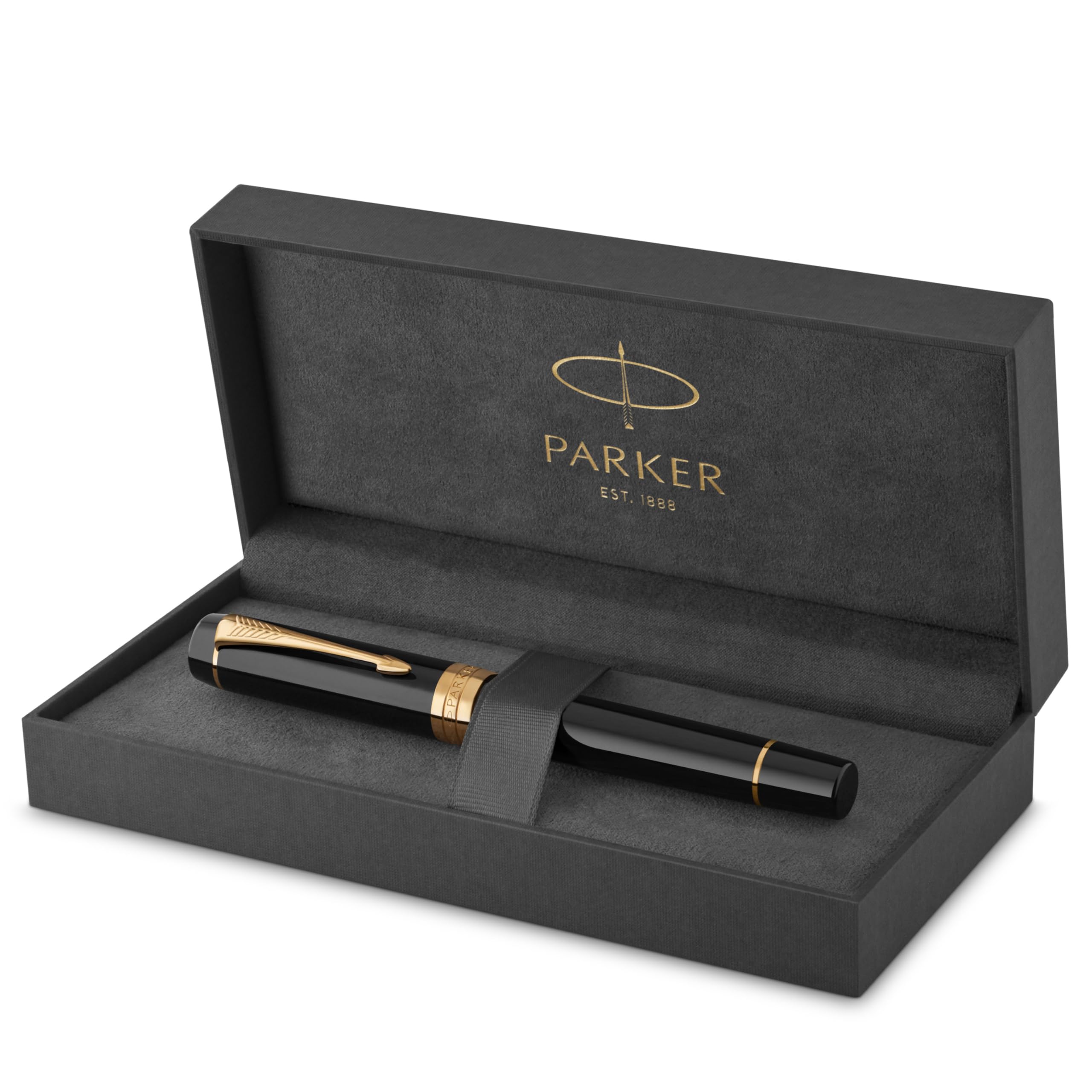 Parker Duofold Centennial Fountain Pen | Classic Black with Gold Trim | Fine Solid Gold Nib | Black Ink and Convertor | Premium Gift Box