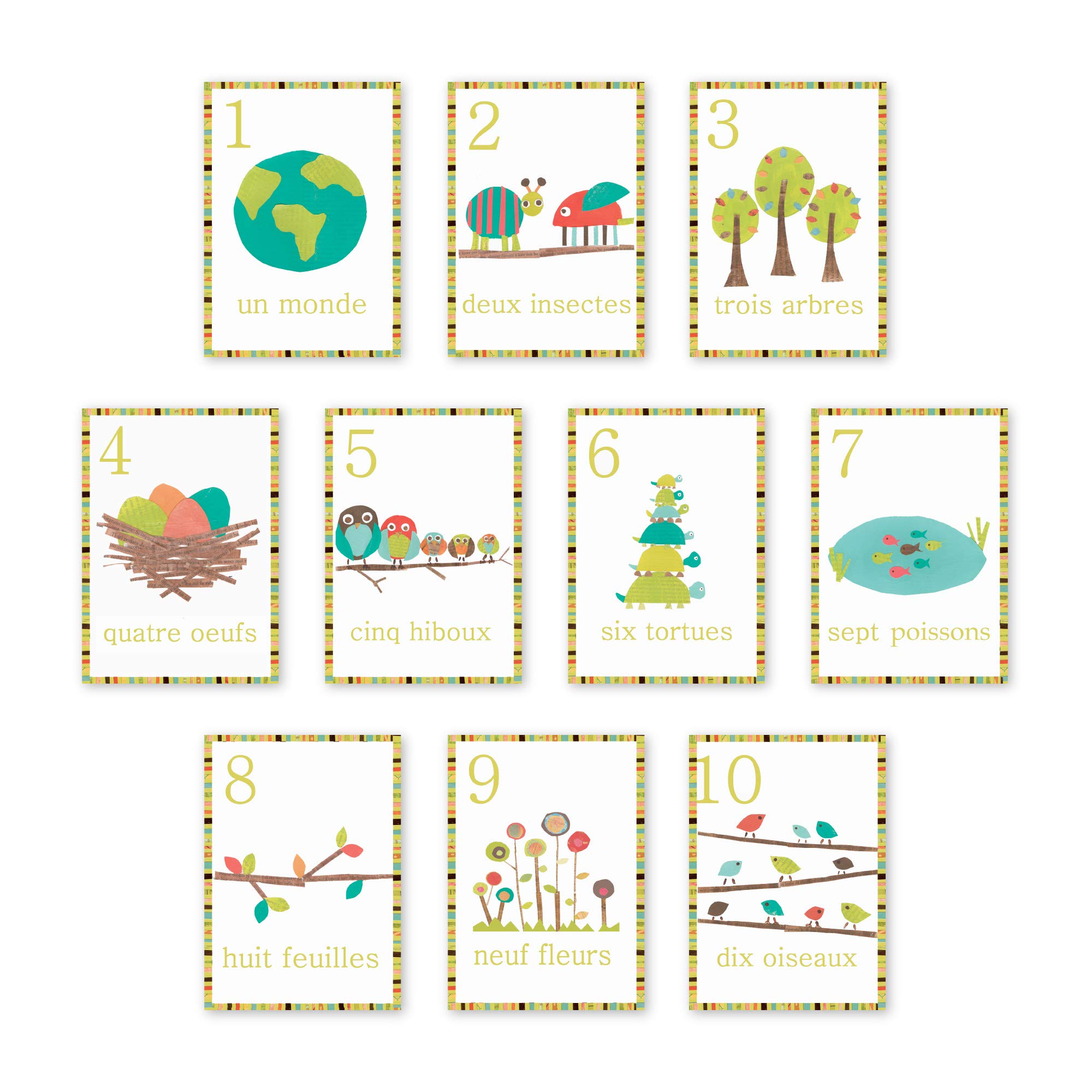 Children Inspire Design French Numbers Woodland Counting Wall Cards, Set of Ten 5x7 Nature Themed Wall Art Prints, Forest Animal Nursery