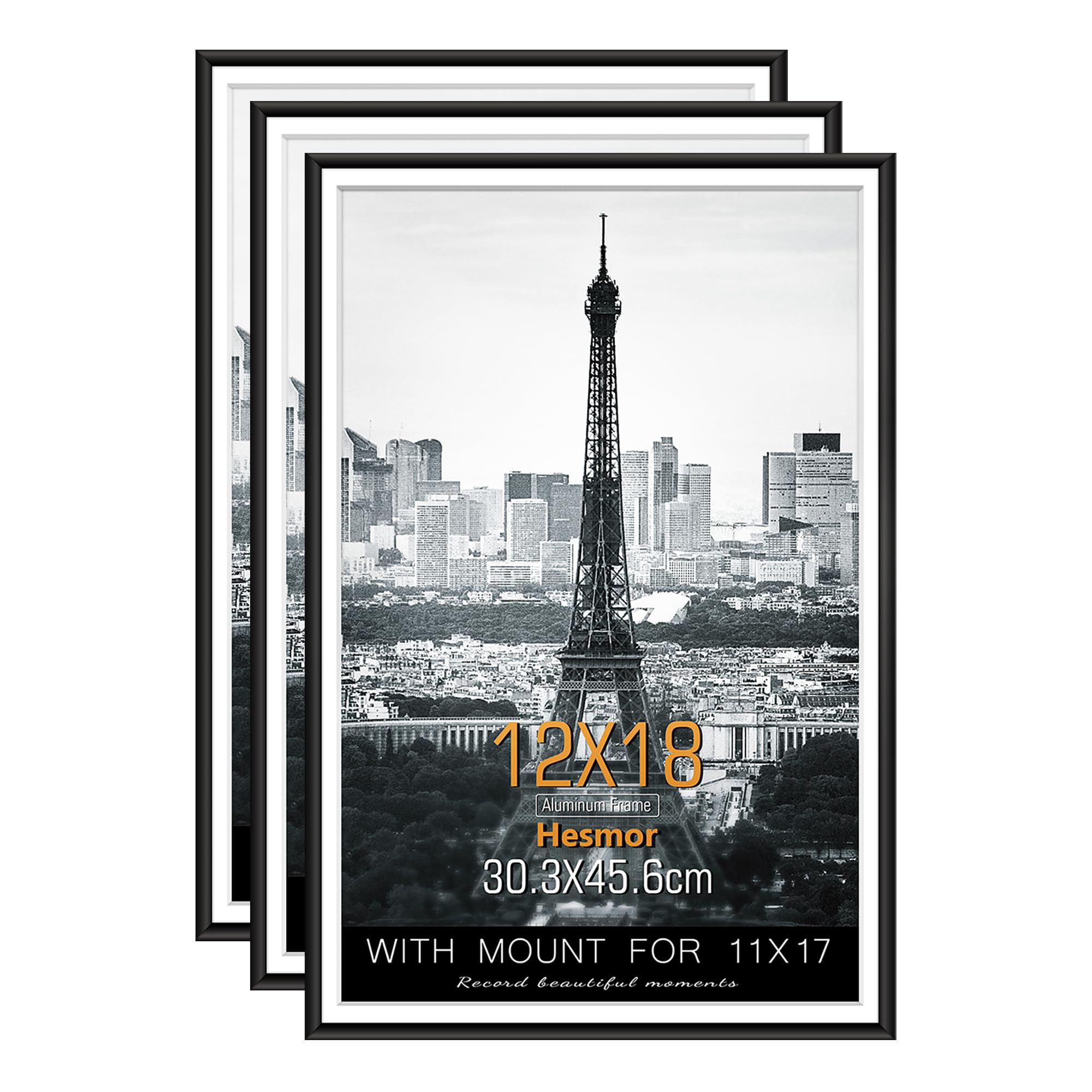 Hesmor 12x18 Picture Frame Black 18 x 12 Inch Frames 30x45cm Aluminum Acrylic Wall Mounting Poster Frame with Mat for Portrait, Printing, Landscape Picture Frames Set of 3