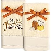 Quera 2 Pack Pumpkin Thanksgiving Hand Towels Embroidered Premium Luxury Decor Fall Bathroom Decorative Dish Set for Drying, Cleaning, Cooking, Autumn 13.7'' x 29.5'',White,Be Thankful.
