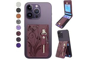 Lacass Card Holder Zipper Kickstand Phone Stick on Wallet for Back of Phone Pouch Adhesive for iPhone/Samsung/Moto/BLU/Nokia and Most Phones(Floral Wine Red)