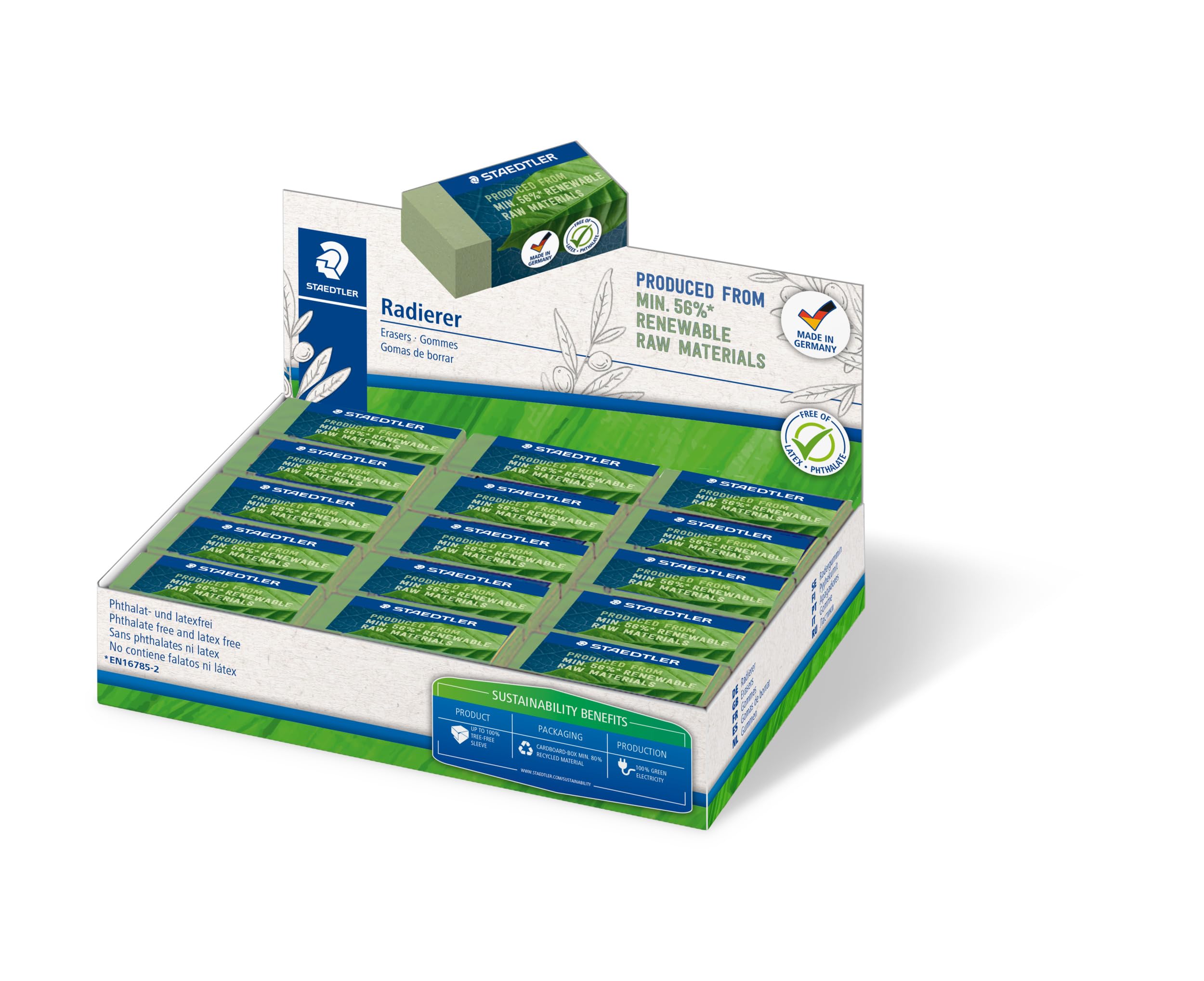 STAEDTLER Eraser, eraser made from up to 56% natural and renewable content, phthalate and latex free, sliding cuff, size 43 x 19 x 13 mm, 30 olive green erasers in cardboard display, 526 83-5