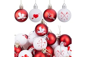 Deloky 24 PCS Valentine's Day Ball Ornaments-1.5 Inch Red and White Love Cupid Heart Hanging Ball Ornaments-Valentine's Day D