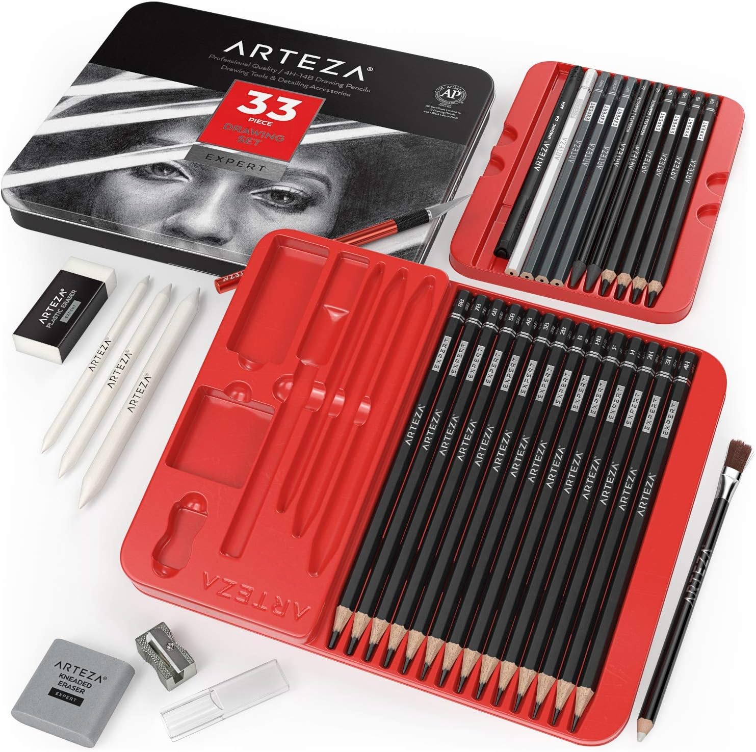 Arteza Drawing Set for Adults, Set of 33 Artist Sketching Tools, Includes 20 Graphite & 4 Charcoal Sketch Pencils, 1 Fineliner, 3 Blenders, 1 Sharpener, 3 Erasers & 1 Hobby Knife : Office Products