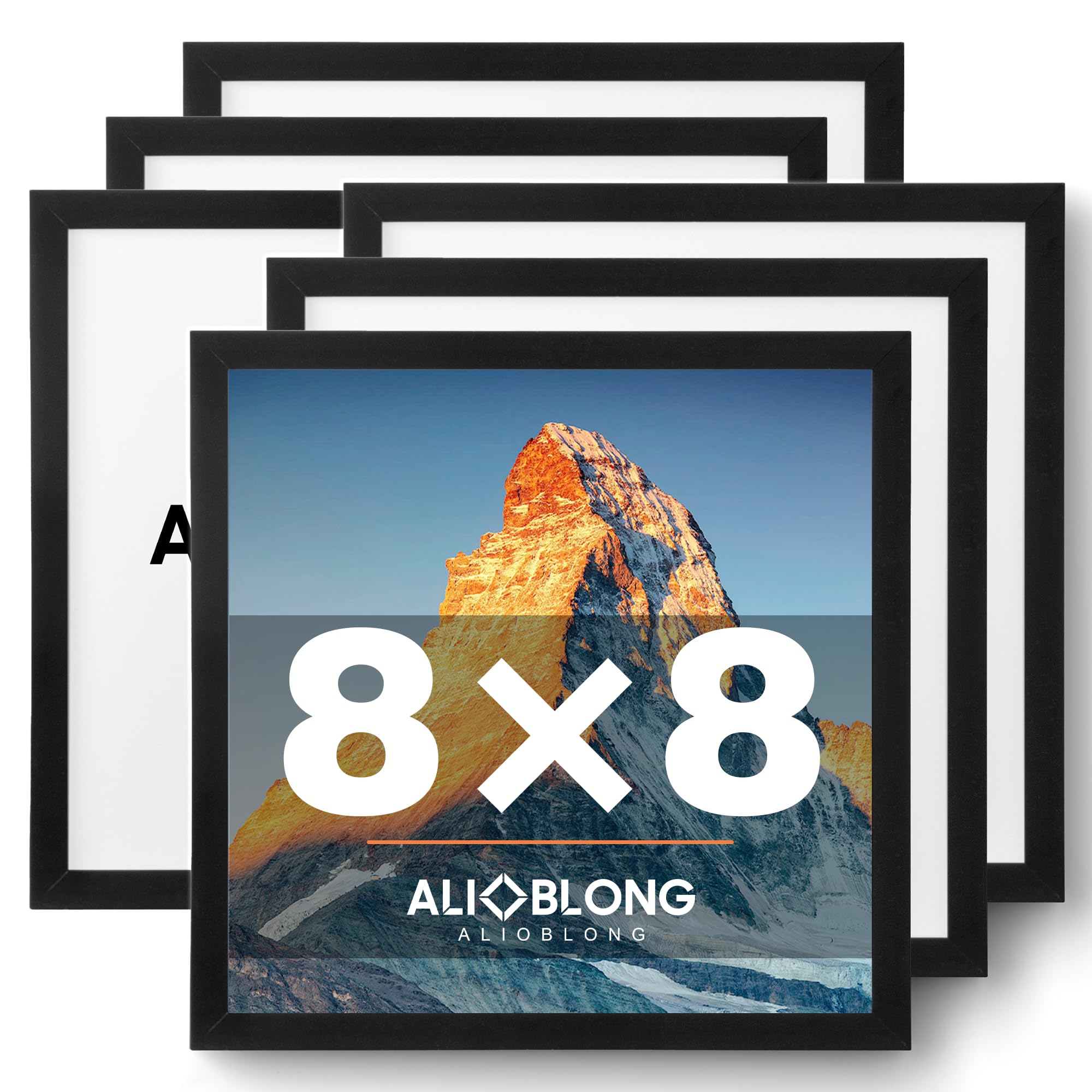 ALIOBLONG 8x8 Picture Frame Set of 6,Black Photo Frame for 8x8 Without Mat,Thin Border Square Frame,Horizontal and Vertical Formats for Wall Mount or Tabletop with Shatter-Resistant Acrylic Sheet