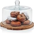 Libbey Acaciawood Flat Round Wood Server Cake Stand with Glass Dome
