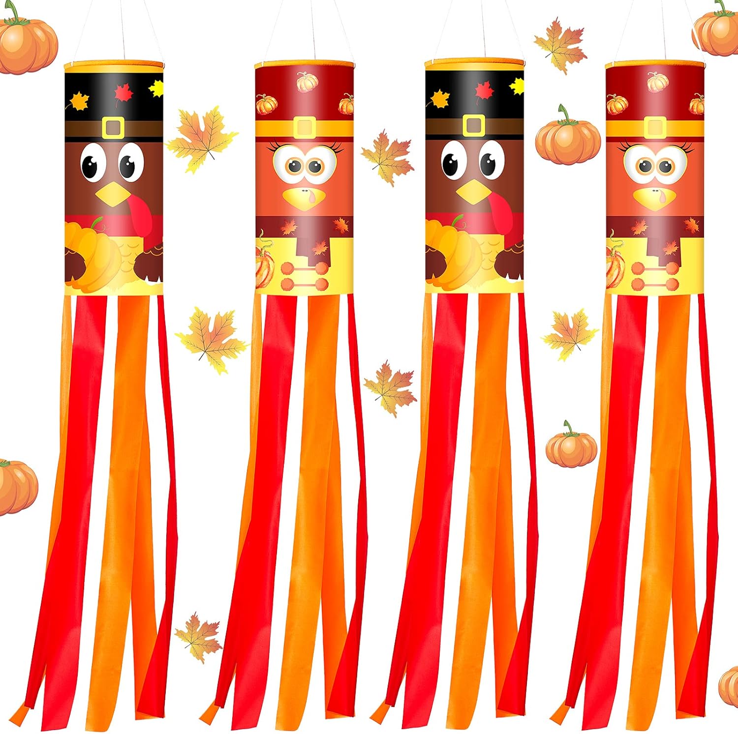 Flags - 4 Pieces Thanksgiving Windsocks Turkey Windsock Flag Fall Hanging Decorations Autumn Harvest Flag Outdoor Hanging Flag for Wall Tree Front Patio Lawn Home Garden Decor, 40 Inches