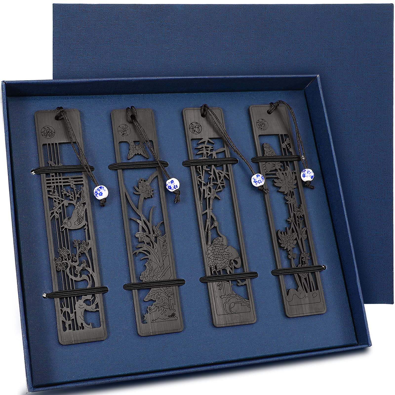 4 Pieces Wood Bookmark for Men Women Book Lovers, Handmade Natural Wooden Carving Book Mark Bookmarks Box Set, Ideal for Birthday Present, Teachers Appreciation (Hollow Style)